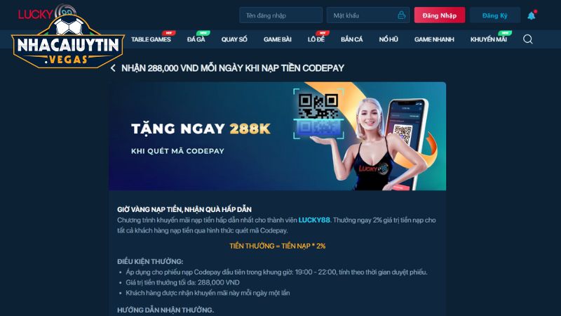Khuyến mãi nạp tiền Lucky88 đa dạng, giá trị đến 288K